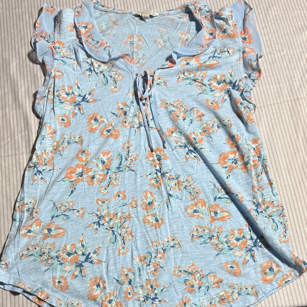 Lucky Brand Floral Ruffle Sleeve Blouse - Light Blue and Orange